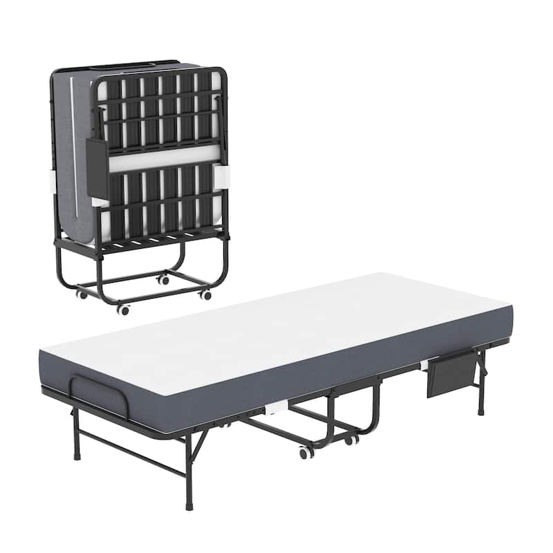 75 Inch Folding Bed with 5" Memory Foam Mattress, Rollaway Guest Bed, Heavy-Duty on Wheels, Portable Twin Bed - Black