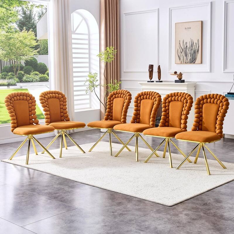 Set of 2 Puffy Bubble Velvet Dining Chairs with Ball Chain Detail & Gold Legs