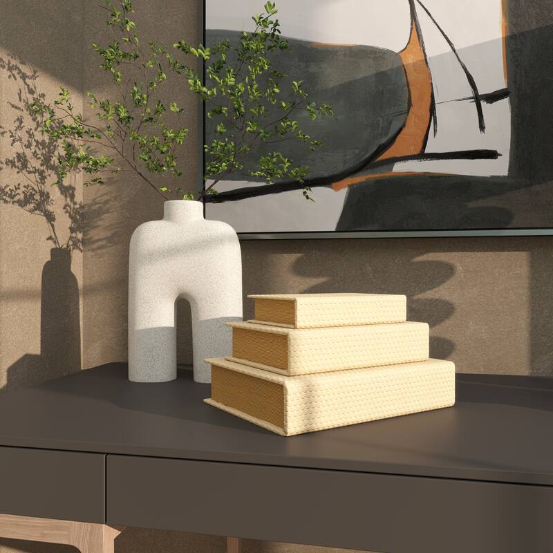Cream, Black, Copper, Beige or Brown Faux Leather Woven Faux Book Storage Decorative Box (Set of 3)
