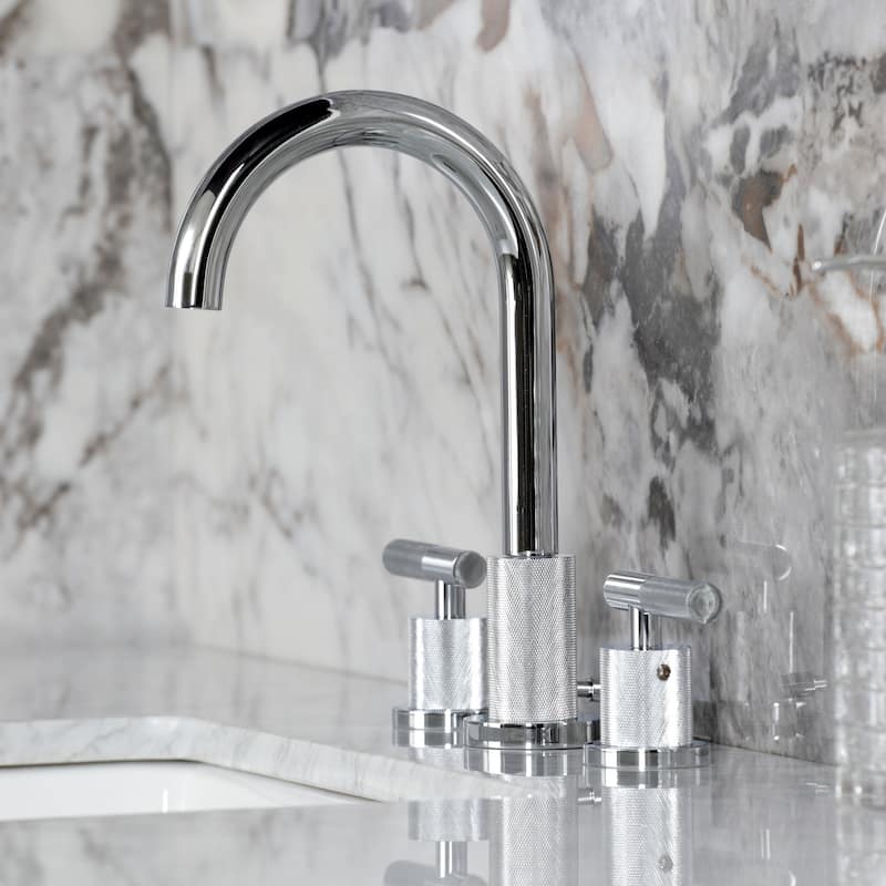 Kingston Brass Convergent Two-Handle 3-Hole Deck Mount Widespread Bathroom Faucet with Knurled Handle and Brass Pop-Up Drain