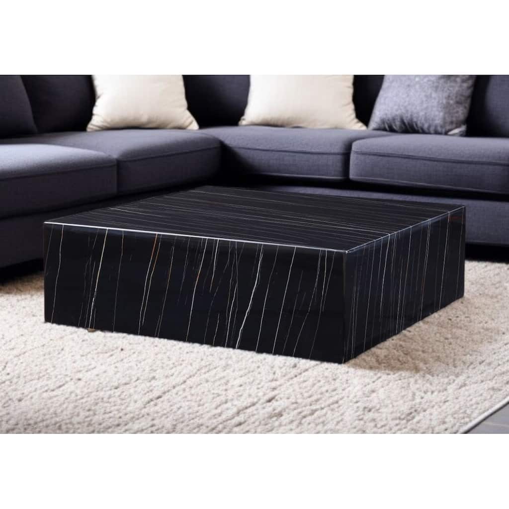 35" Black Genuine Marble And Brass Square Coffee Table - 19.69" H x 39.37" W x 39.37" D