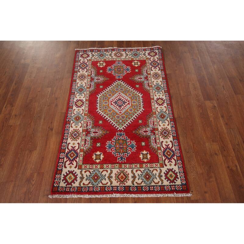 Geometric Red Kazak Accent Rug Home Decor Hand-Knotted Wool Carpet - 2'10" x 4'5"