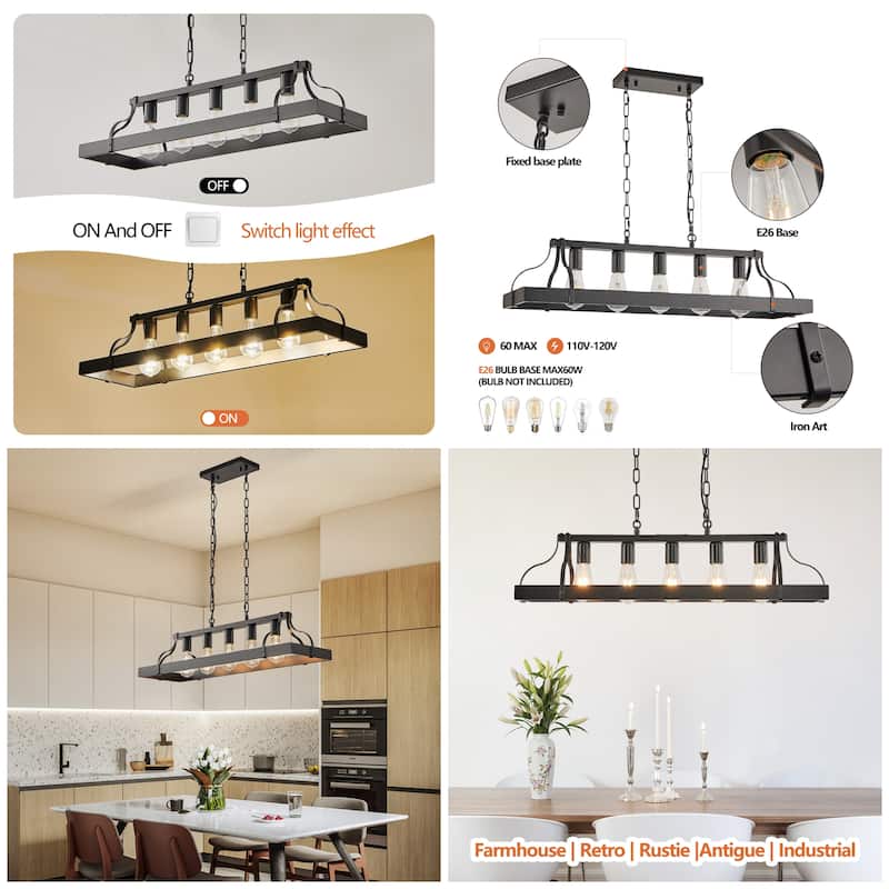 34" Black 5-Light Industrial Chandelier - Adjustable Pendant