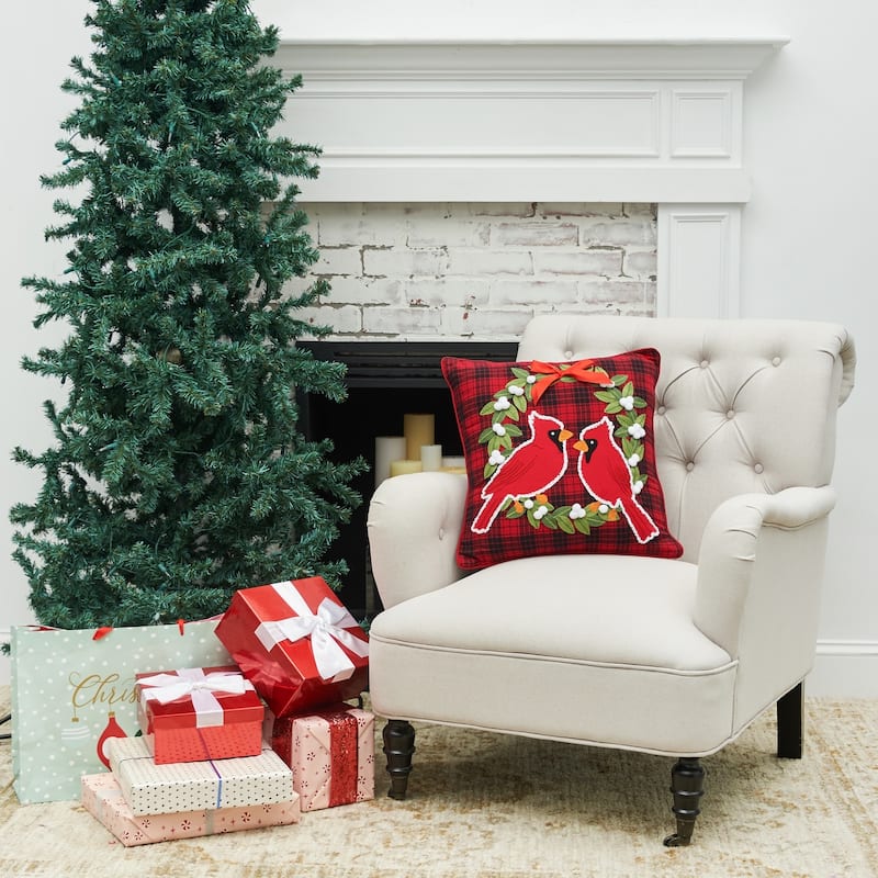 Cardinal Plaid Wreath Tufted Throw Pillow