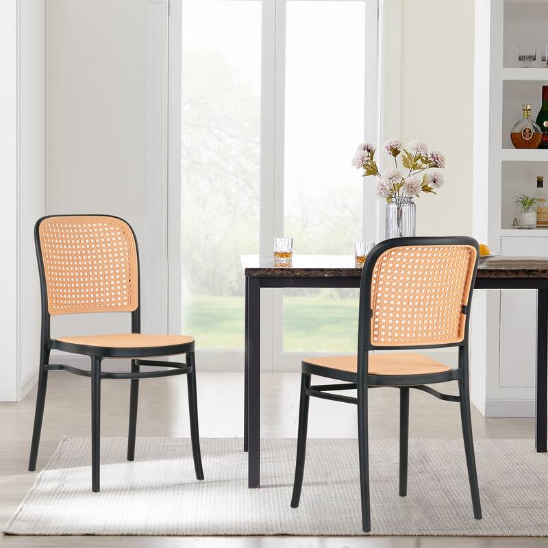 Set of 12 Balto Black Plastic Dining Chair with Rattan Detail