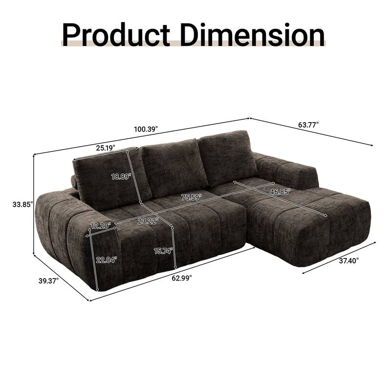 100" Modern Compression Sofa - Chenille L-Shaped Couch with Removable Pillows, No Assembly Required for Living Room
