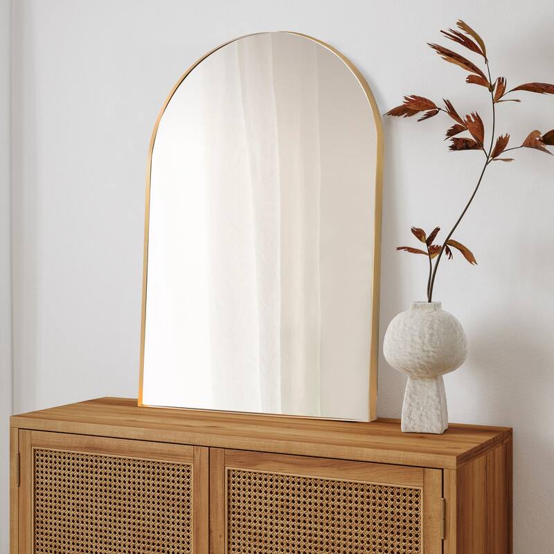 24 in. W x 36 in. H Medium Arched Metal Framed Wall Mounted Mirror - 36 H x 24 W x 1.5 D - Gold