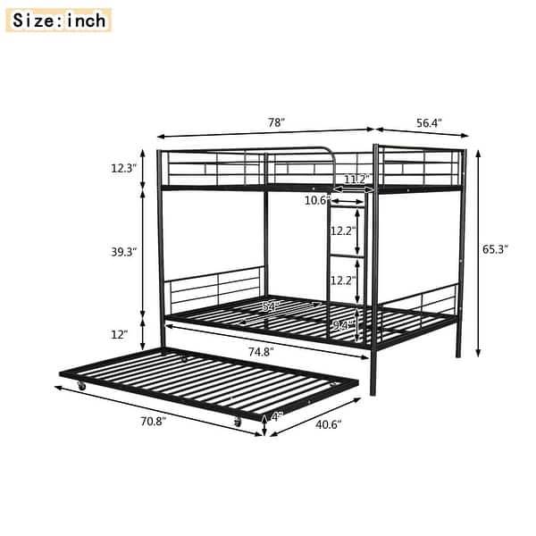 Black Full Over Full Metal Bunk Bed with Trundle & Able to Split