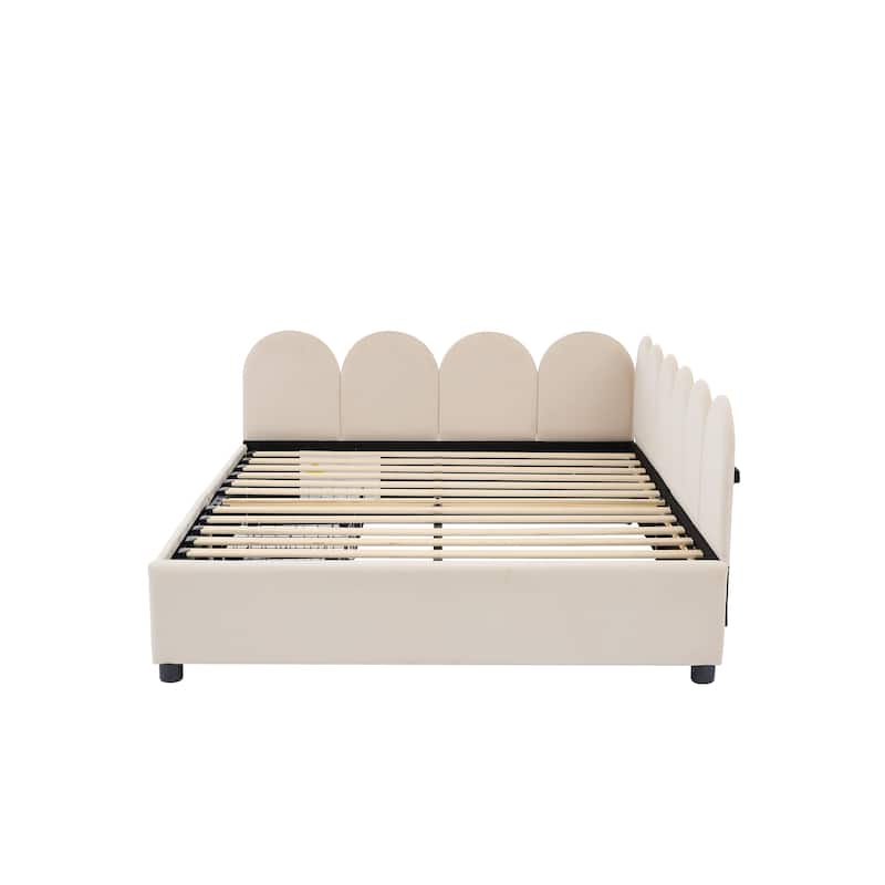 Beige Full Size Velvet Daybed with 2 Drawers & Soft Headboard