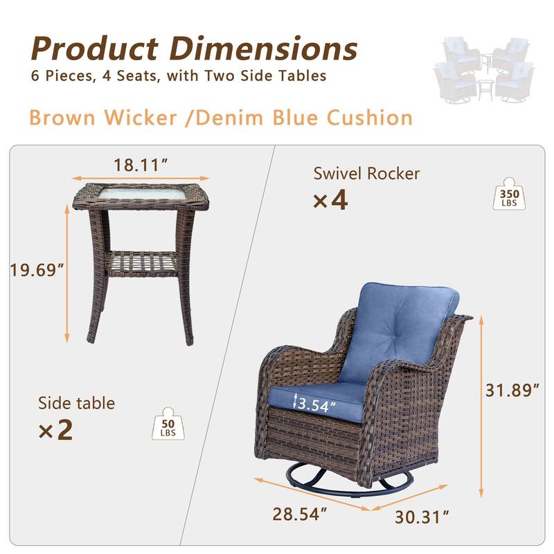 6 piece Wicker Patio Furniture Set with Outdoor Swivel Chair Cushions