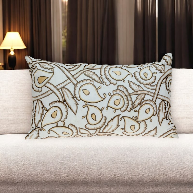 14" X 24" Brown and White Cotton Lumbar Throw Pillow with Embroidery - Polyester - Single - 24.00 in. x 14.00 in. x 6.00 in. - Pillow Sets - White/Brown