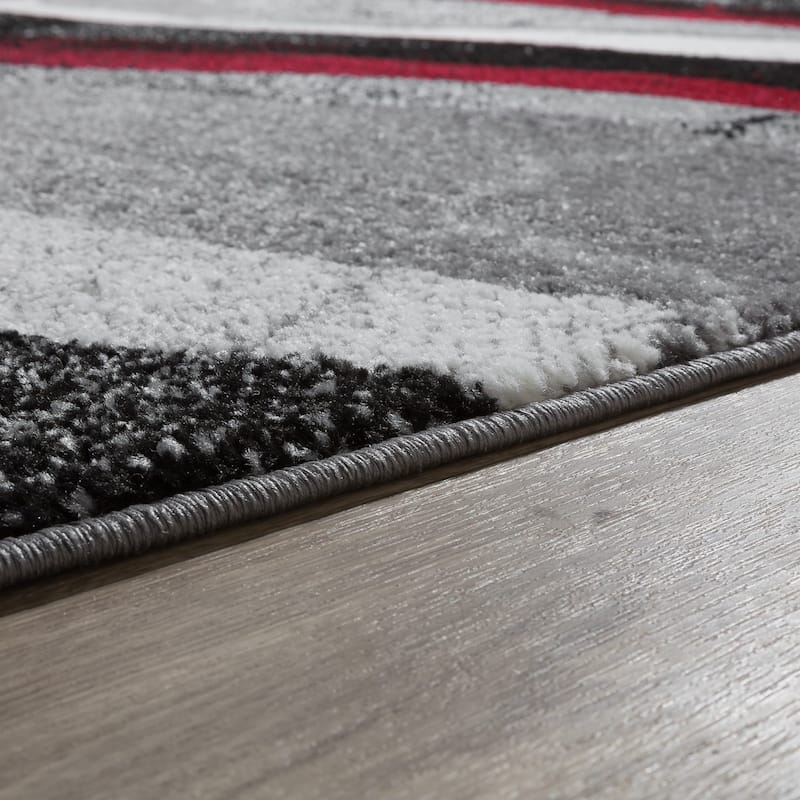 Grey Red Designer Rug with Modern Wave Effect Abstract