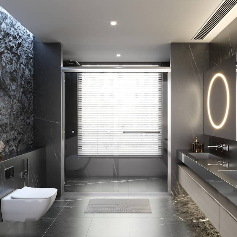 60''W Semi-Frameless 1/4'' Glass Double Sliding Shower Door in Black/Chrome for Bathroom