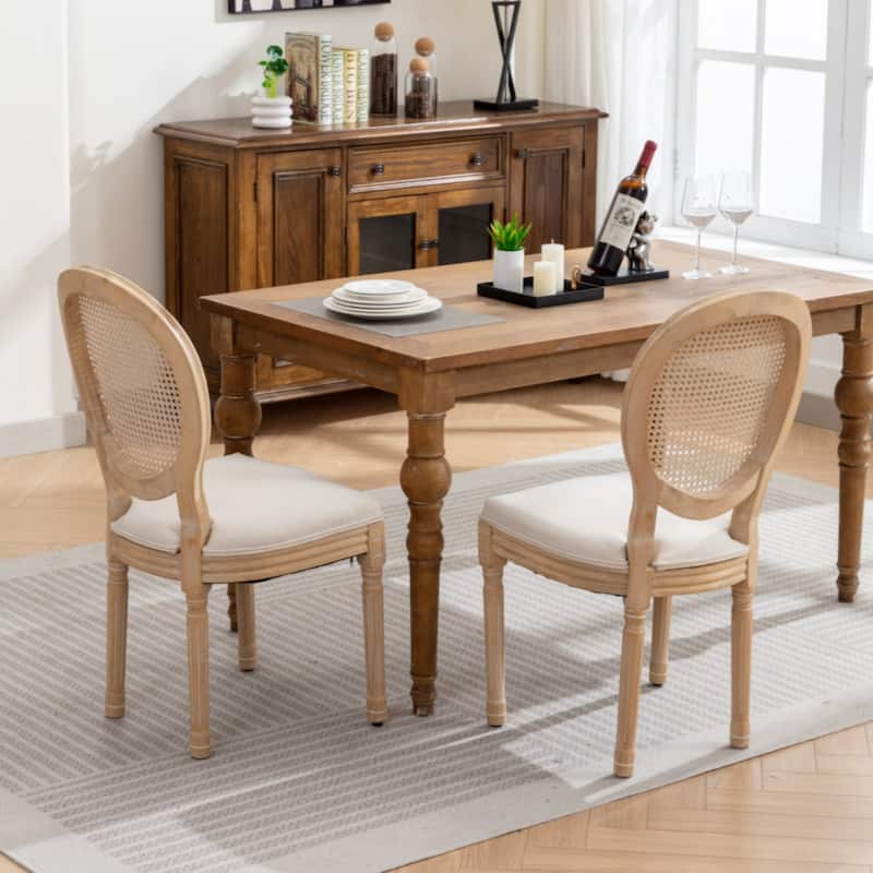 Furniture,French Style Solid Wood Frame Antique Painting Linen Fabric Rattan Back Dining Chair,Set of 2