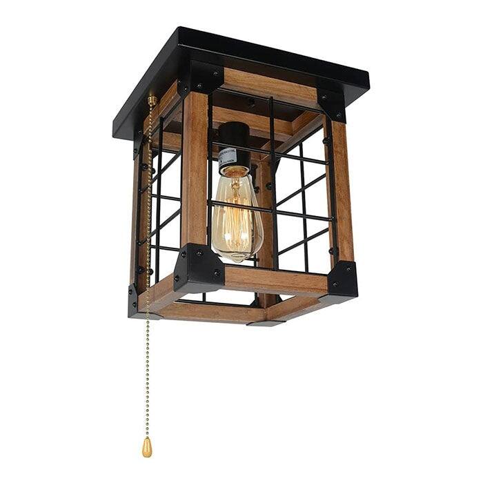 Vintage square wood ceiling lamp farmhouse black flush mount ceiling light fixture