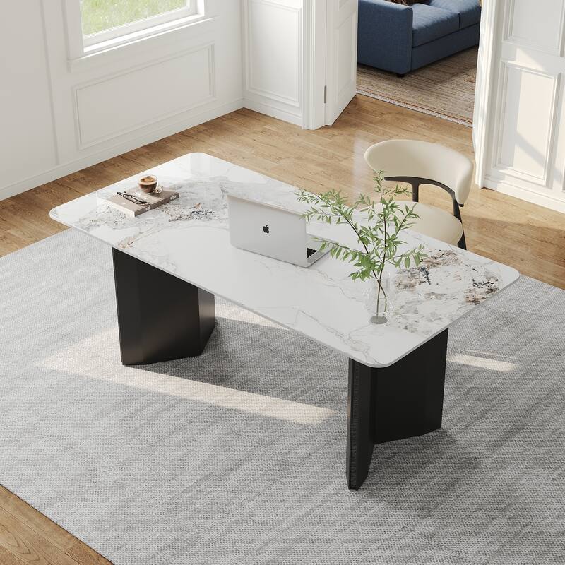63" Modern Rectangular Writing Desk, Glossy White Sintered Stone Top, Black Stainless Steel Double Base