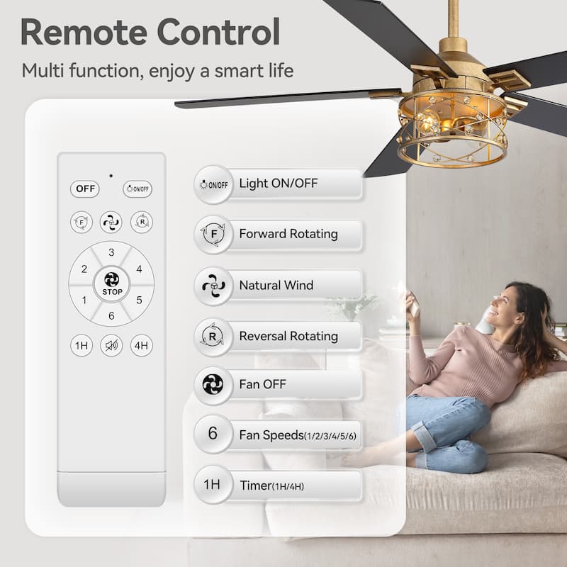 52-inch Reversible 5-Blade Caged Ceiling Fan with Remote and Light Kit