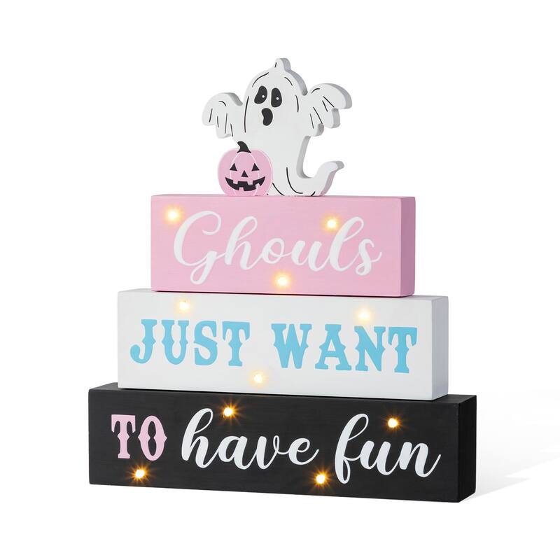 Glitzhome 11.75"H Wooden Ghost Block Word Sign with LED Lights Halloween Table Decor