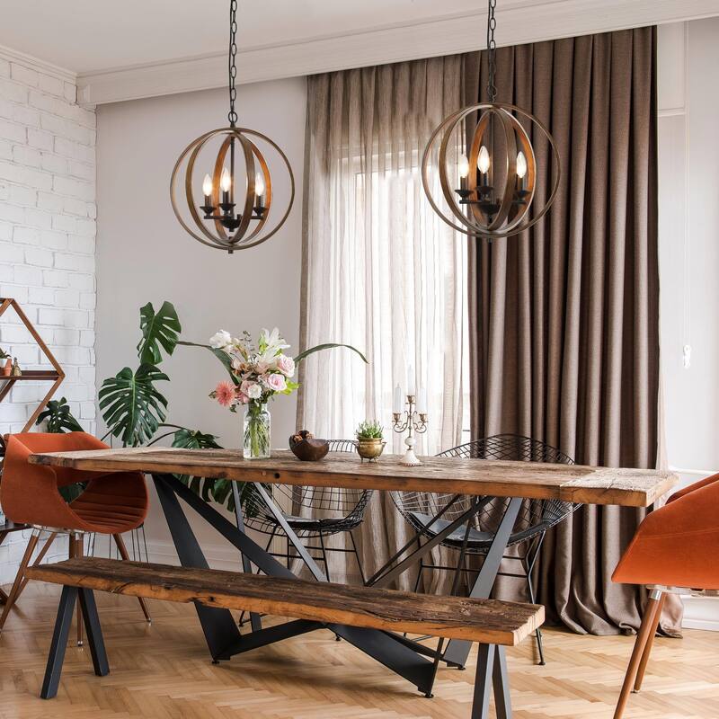 Farmhouse 3-Light Globe Wood Grain Chandelier for Dining Room Kitchen Island - W15.5"x H18"