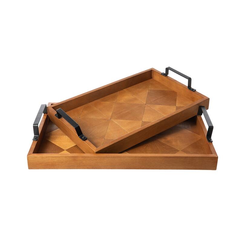 Glitzhome 2-Piece 18"/21"L Rectangle Wooden Geometric Carved Trays with Metal Handles