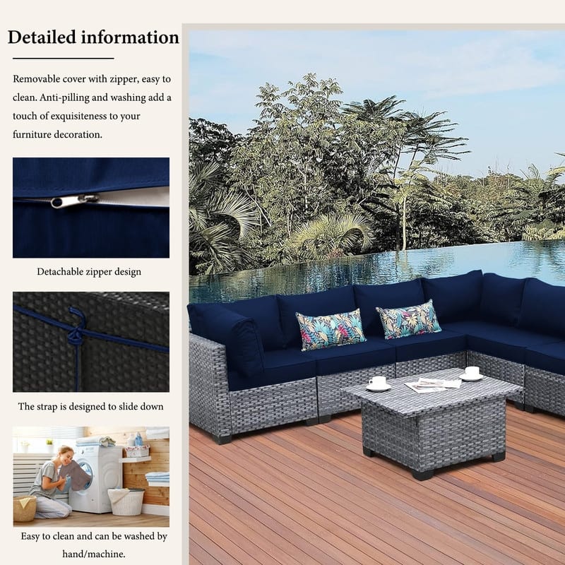14pcs Outdoor Couch Cushions,4" Waterproof Sectional Rattan Conversation Set Cushions(Only Cushions+Covers,No Sofa) - 14PCS