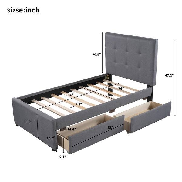 Linen Upholstered Platform Bed With Headboard And Two Drawers, Twin Size