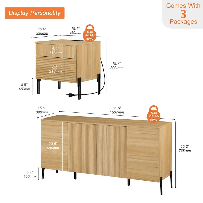 WAMPAT Modern Minimalist Nightstand And Bedside Cabinet Set, Reeded Bedroom Set, Oak Wooden Chest With Hidden Handles