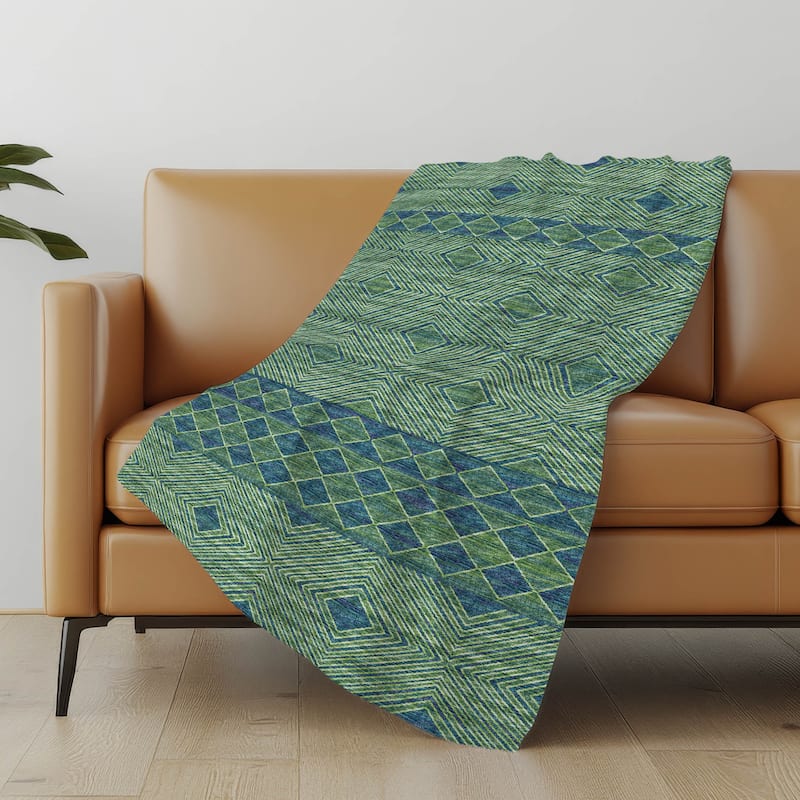 Premium Machine Washable ASB107 Modern Geo Sherpa Throw Blanket - Green - 4'2" x 5'10"