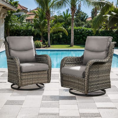 High Back Outdoor Swivel Patio Rattan Chairs- Beige cushion - Grey