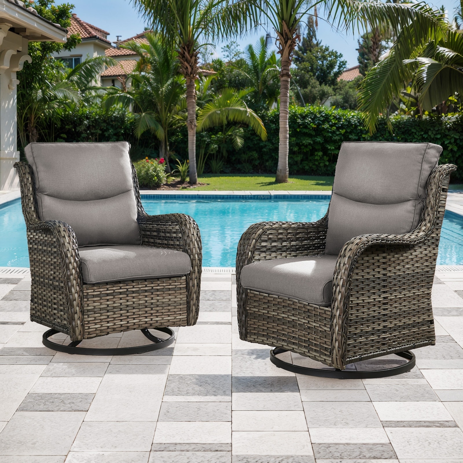 High Back Outdoor Swivel Patio Rattan Chairs- Beige cushion - Grey