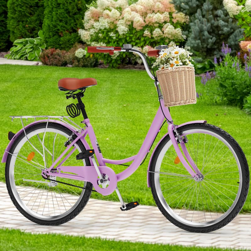 26 Inch Beach Cruiser Bike for Women - 1 Speed Commute Bike for Adults - Womens Bicycle with Adjustable Seat in Purple - 26"