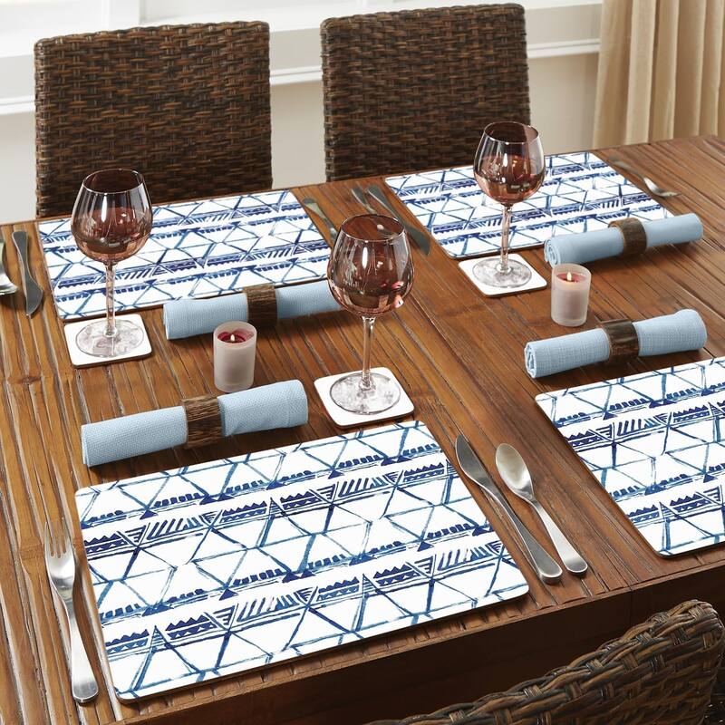 Indigo Triangles Decorative Hardboard Placemats with Protective Cork Backing 4 Pack Heat Tolerant and Easily Wipes Clean