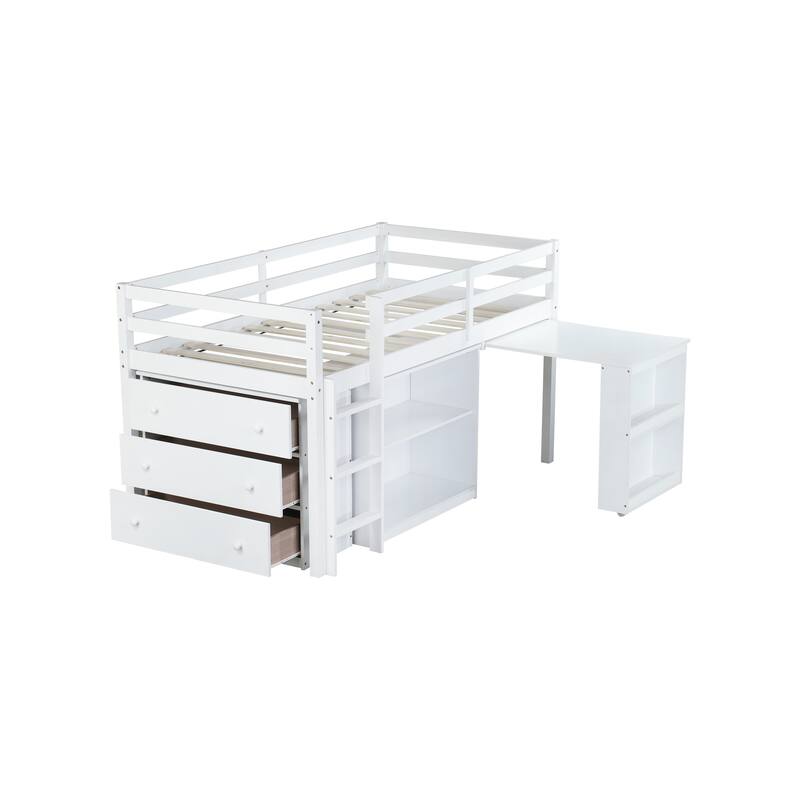 Twin Size Loft Bed Frame with Pull-out Desk, Drawer and Shelf Cabinets, Space-Saving with Safety Guardrail and Sturdy Ladder