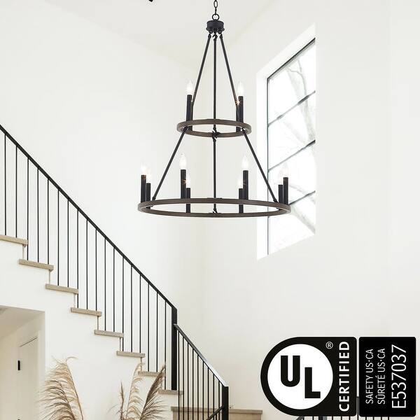slide 2 of 17, Modern Farmhouse 12-light Wagon Wheel Chandelier for Dining Room - 28 inches