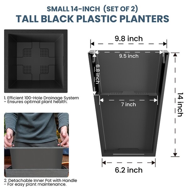 Black Tall Plastic Trapezoid Plant Pots / Large Indoor and