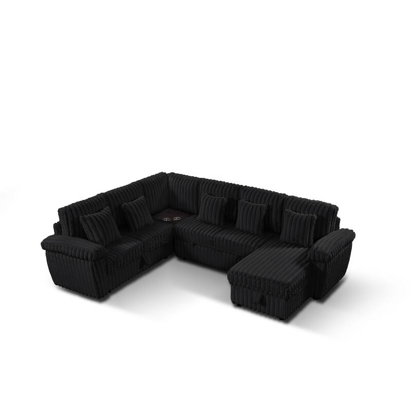U-Shaped Corduroy Sectional Sofa with Storage Chaise & Pull-Out Bed, Upholstered Corner Sofa with Cup Holder & USB Port