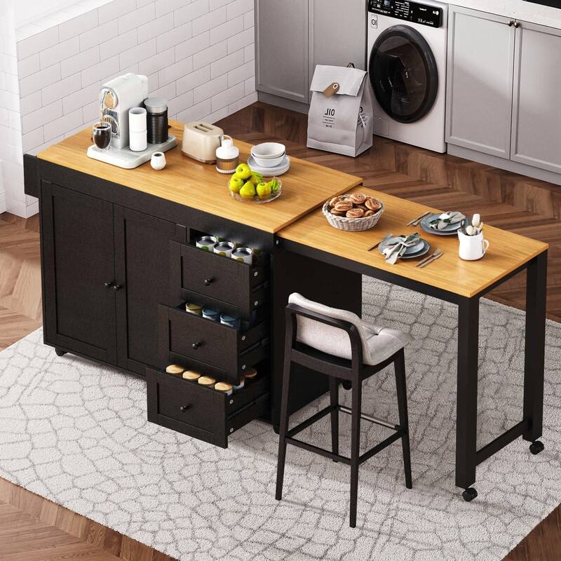 74.8" Kitchen Island with Extendable Dining Table, Rolling Kitchen Storage Cart with 3 Drawers, Power Out and Spice Rack