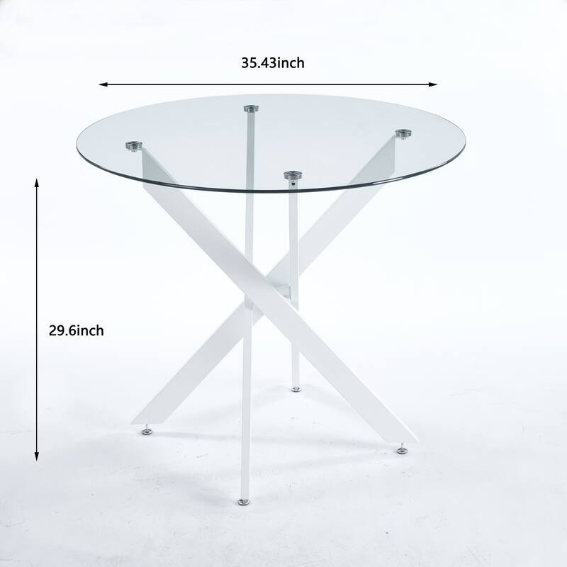 Modern Round Glass Dining Table for 2 to 4 Person, Circle Kitchen Table with Tempered Glass Top and Cross Metal Legs