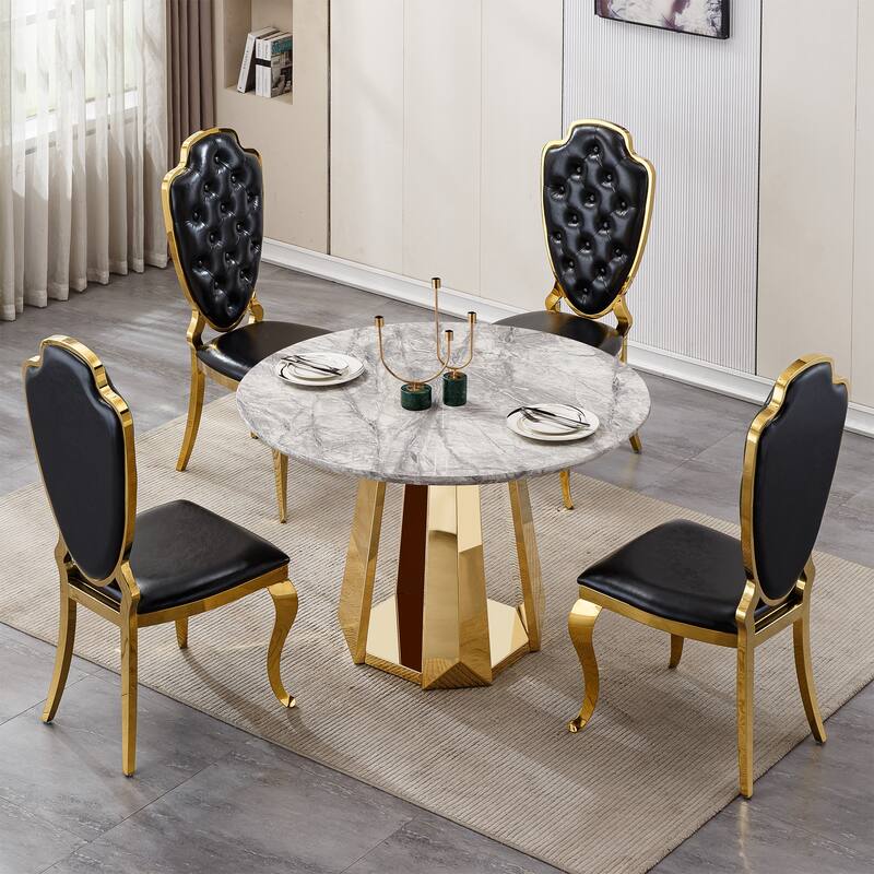 47" Round Dining Table with Faux Marble Tabletop and Stainless Steel Base - Grey+Gold