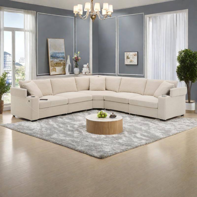 106" Corduroy L-Shaped Sectional Sofa with USB Charger and Storage, 5-Seater, 330lb Capacity - Beige