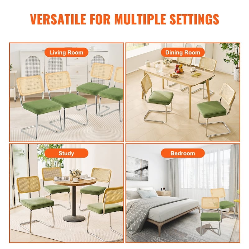 Rattan Dining Chairs Set of 4, Mid Century Modern Dining Chair, Upholstered Velvet Accent Chair with Rattan Back, Retro Dining