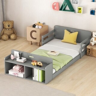 Twin Size Floor Kids Bed Frame with Storage Footboard and Guardrail, Grey