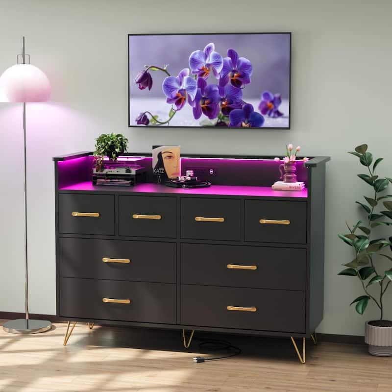 8 Drawer Dresser for Bedroom with LED Light, Charging Station & Open Shelf