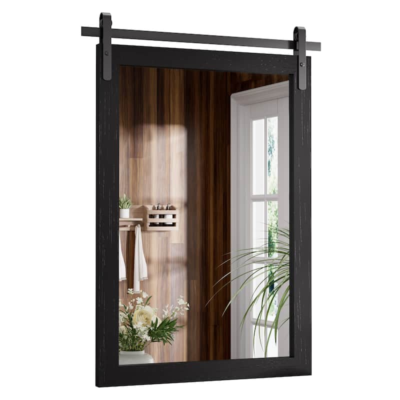 Rustic Farmhouse Mirror Vanity Mirror Solid Wood Frame with Metal Barn Style Mirror - 22W * 30H Inches - Black