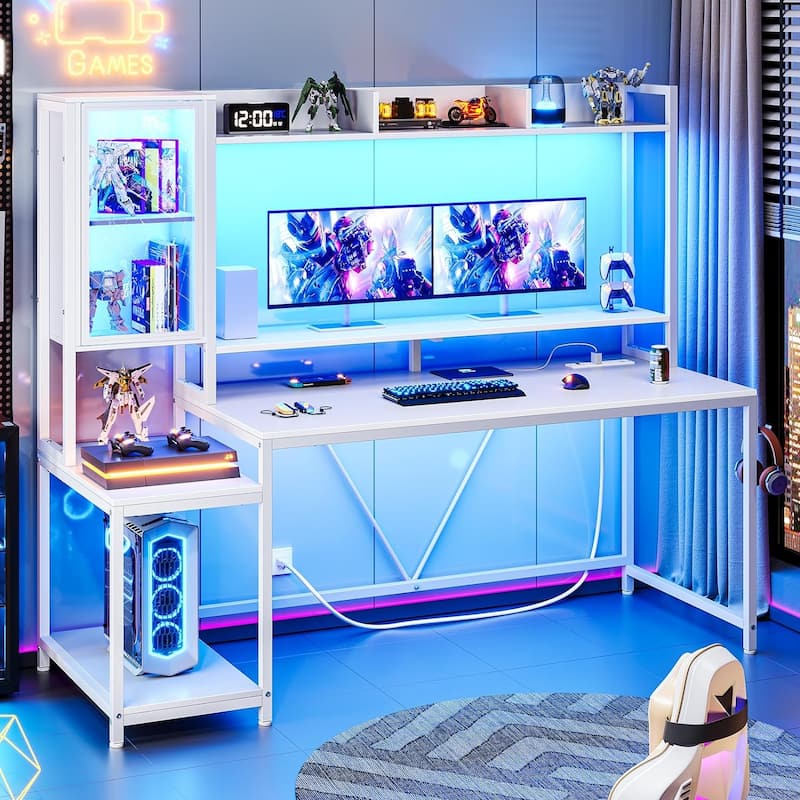 Gaming Desk LED Lights Hutch and Storage Shelves Glass Display Cabinet - 21.2"D x 60"W x 60.4"H - White
