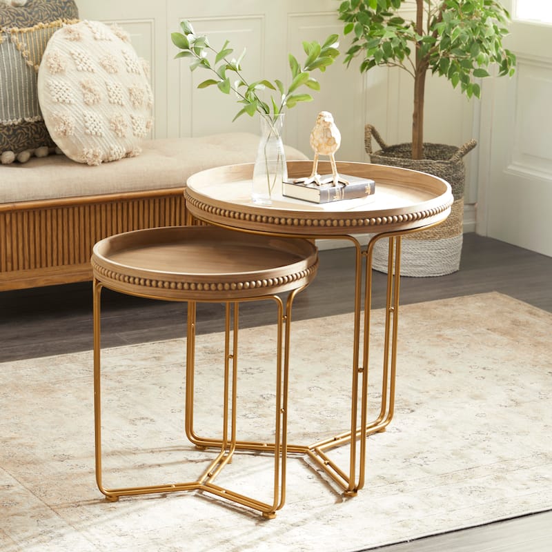 Wooden Round Beaded Nesting Accent Table - Set of 2 Brown - Roche River Decor - 24"Wx24"Lx26"H