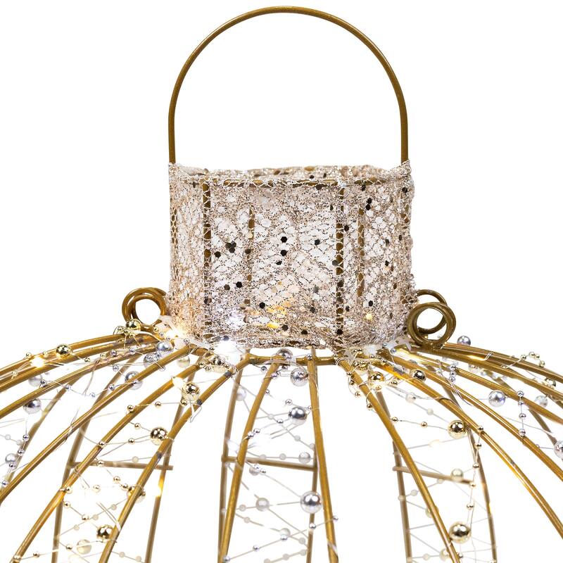 LED Lighted 3D Beaded Ball Ornament Outdoor Christmas Decorations - Candlelight Clear - Set of 3 - Gold