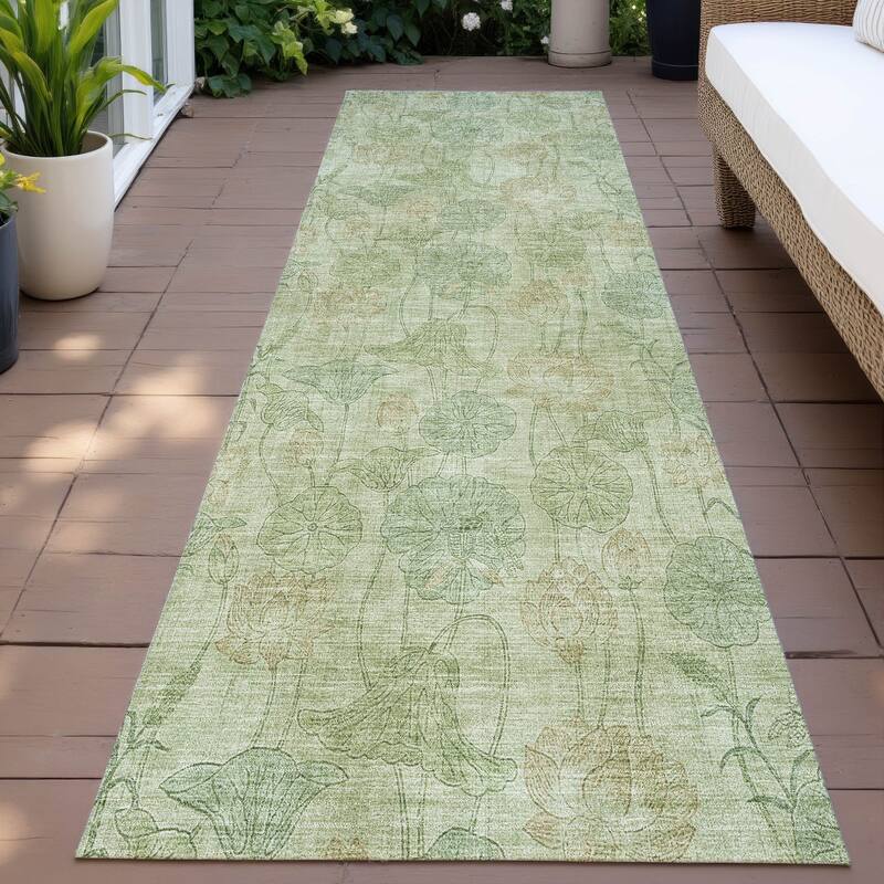 Machine Washable Indoor/Outdoor Modern Floral Chantille Rug - Sage - 2'3" x 7'6"