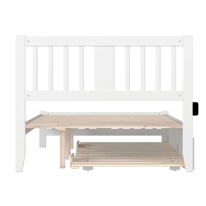 Full Bed with Trundle - White Wood Platform Bed Frame, Twin Size, Modern Design