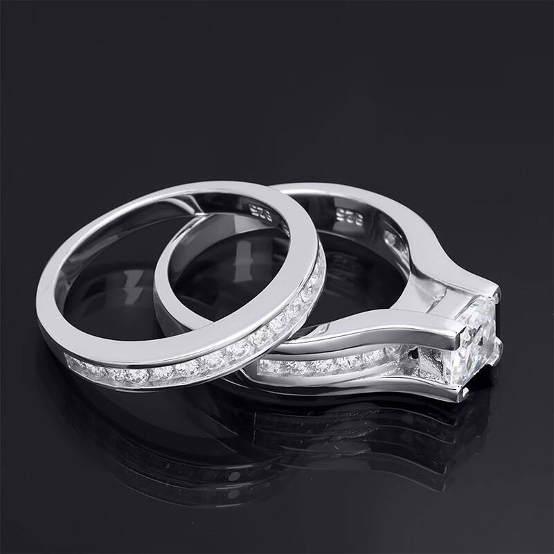 2.25 CT Wedding BAND Engagement RING Set Princess Cut Sterling Silver